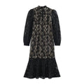 Black lace frog button mandarin collar midi dress, front flat lay