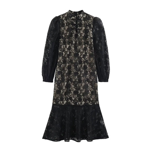 Black lace frog button mandarin collar midi dress, front flat lay