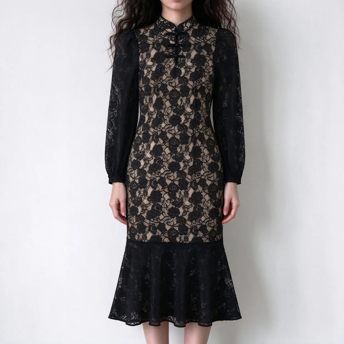 Model wearing black lace frog button mandarin collar midi dress, front view