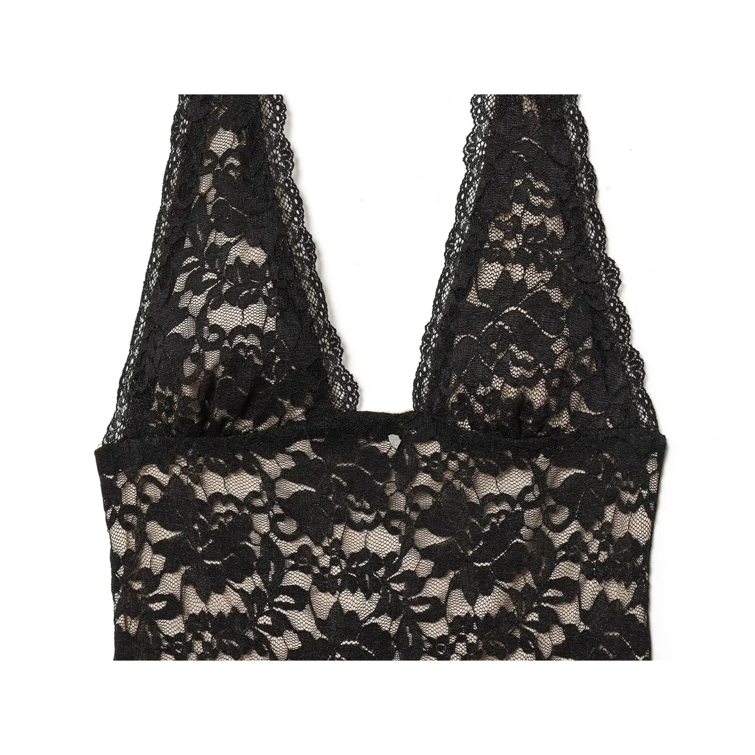 Close‑up bust floral lace pattern black halter maxi dress with nude underlay