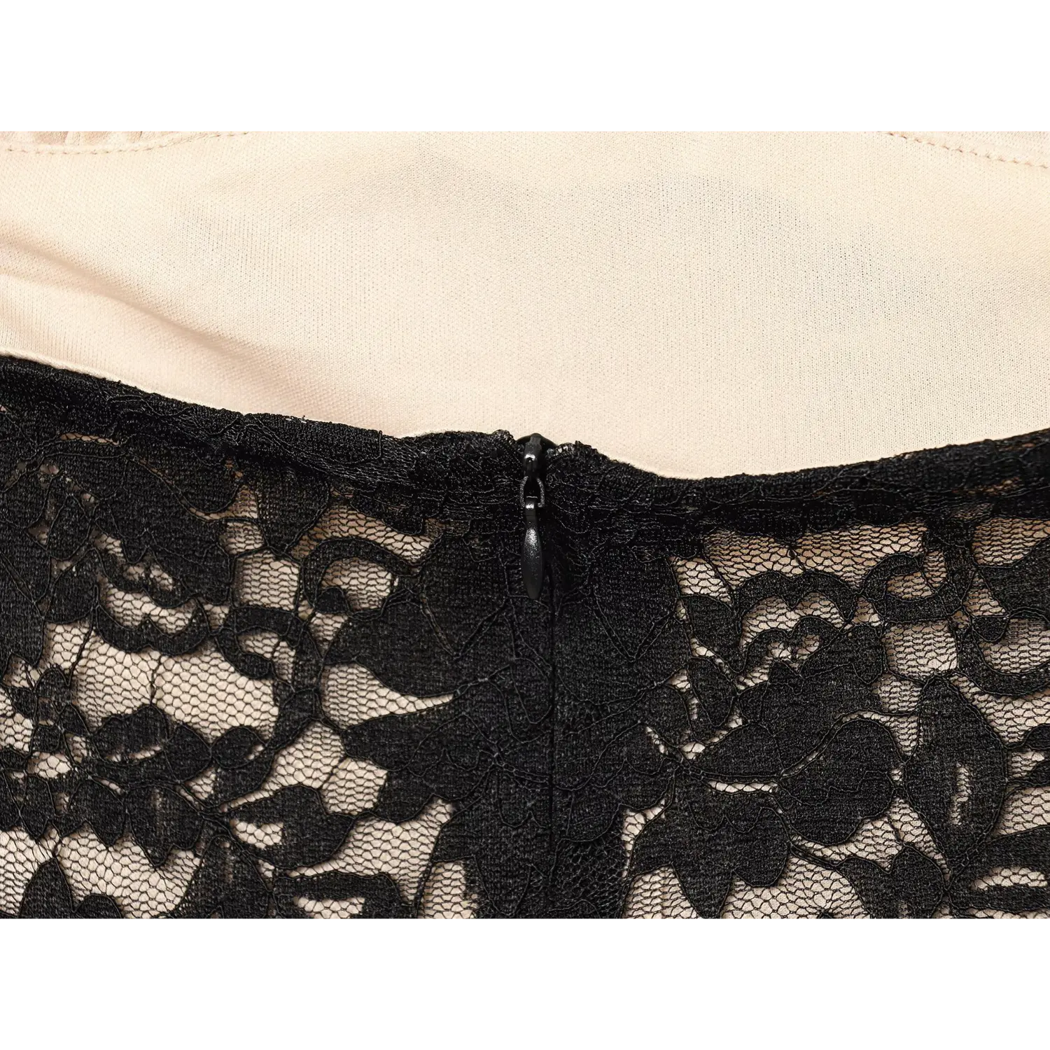 Extreme close‑up invisible back zipper detail black floral lace halter maxi dress