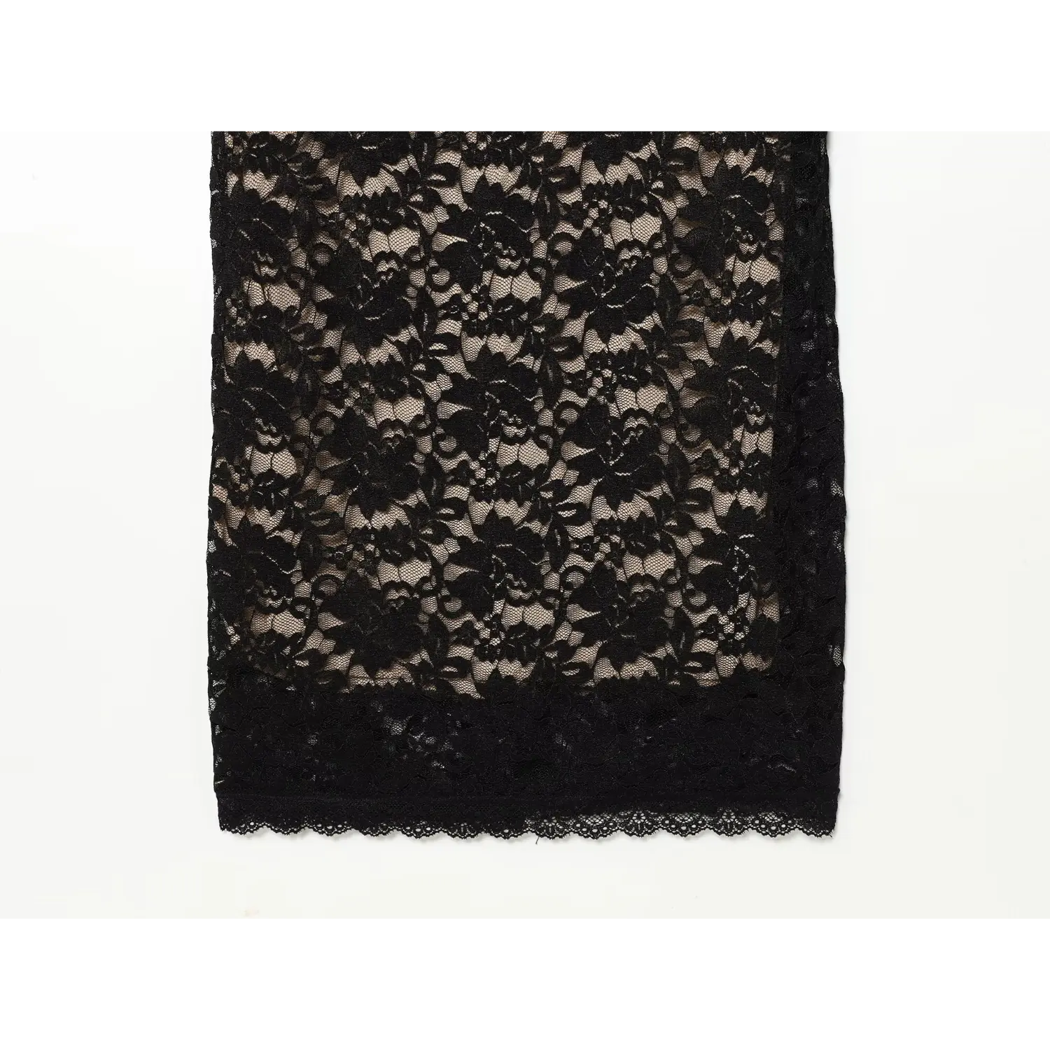 Flat lay skirt hem section black floral lace halter maxi dress scalloped lace bottom trim