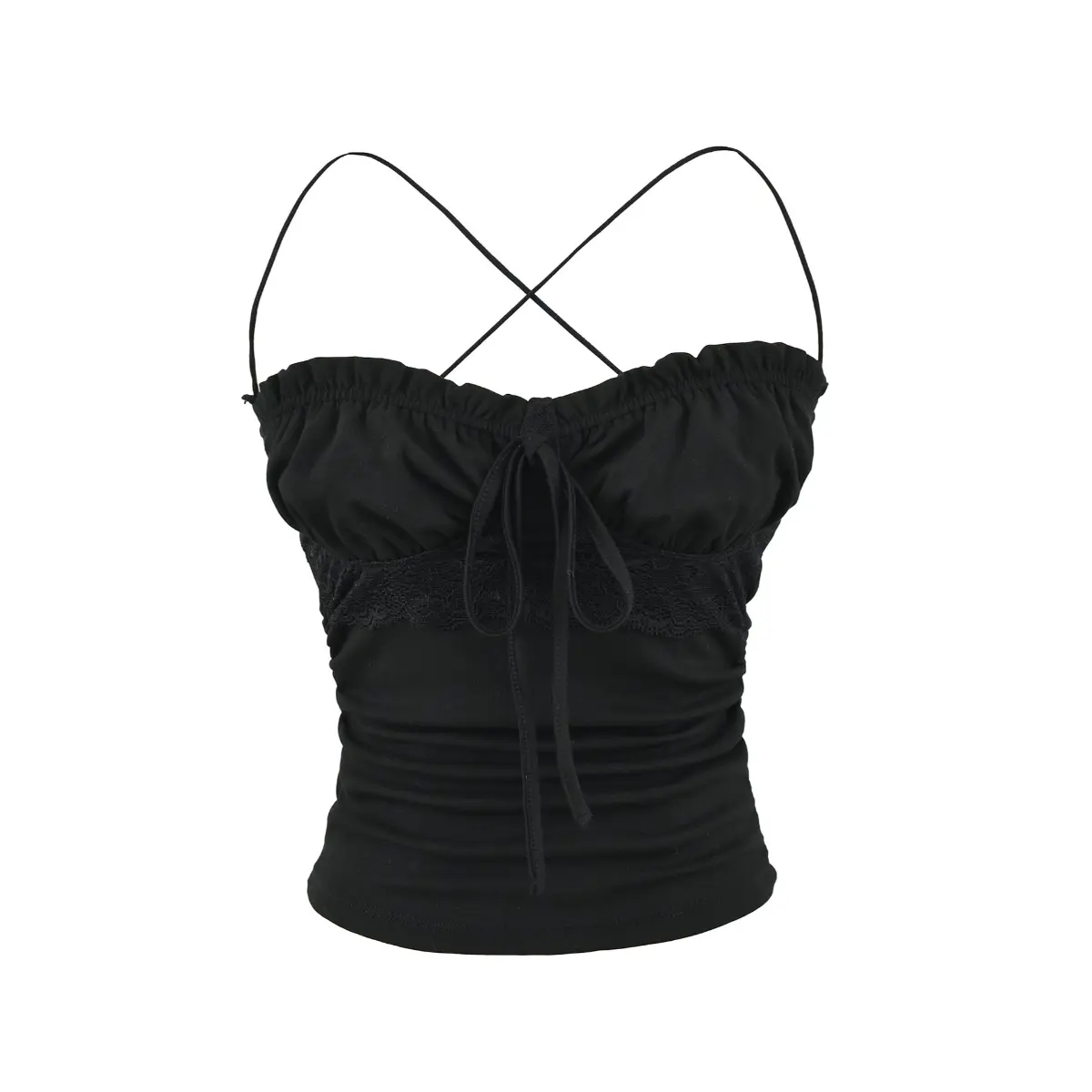 Studio shot of black lace-trim cami top, featuring drawstring bust, lace trim and side ruching.
