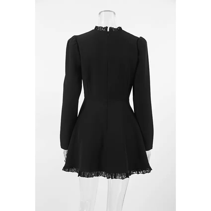 Black lace trim mock neck button flare mini dress on mannequin, back view