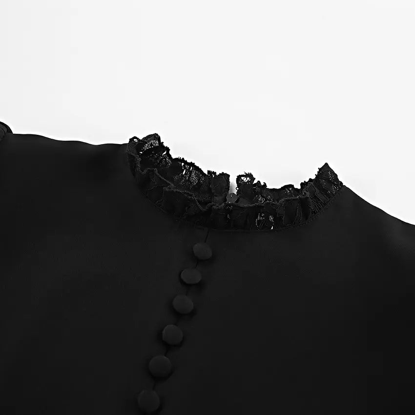 Close-up of lace trim collar and buttons