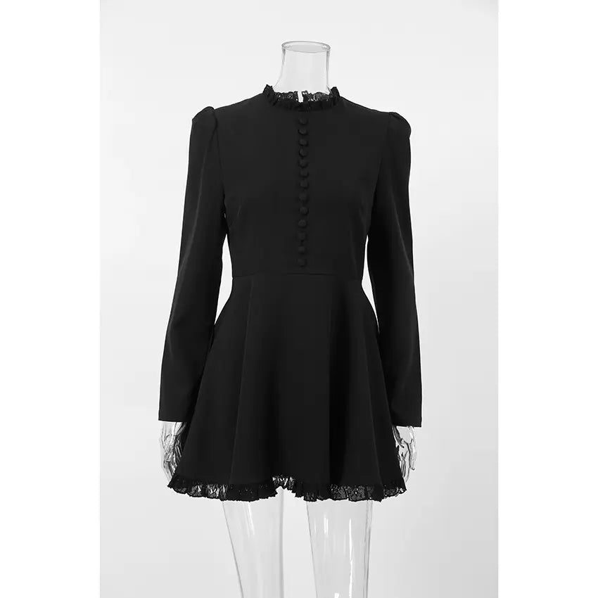Black lace trim mock neck button flare mini dress on mannequin, front view