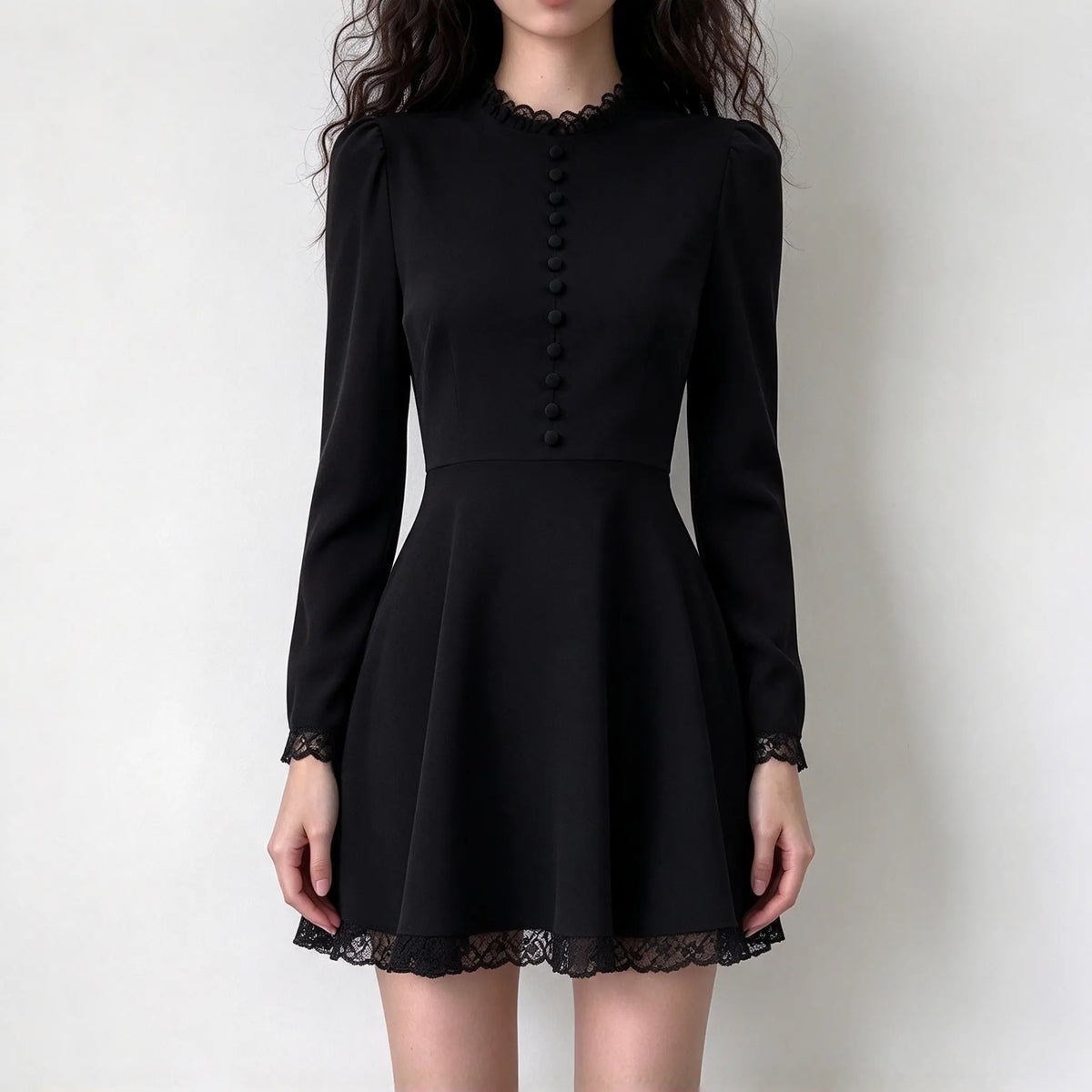 Model wearing black lace trim mock neck button flare mini dress, front view
