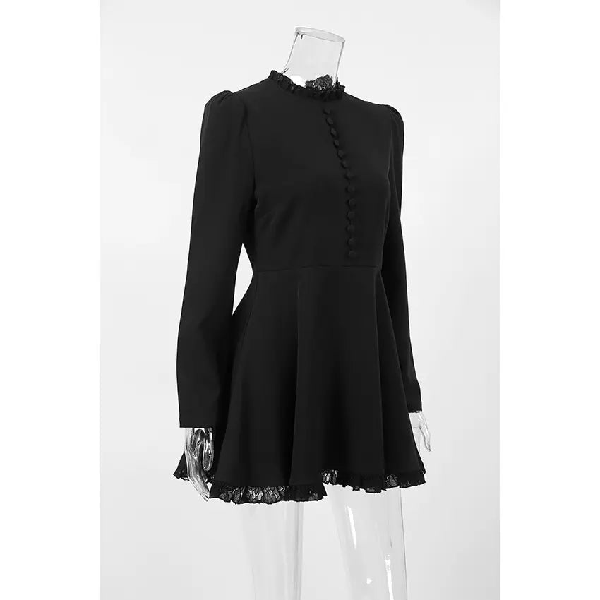 Black lace trim mock neck button flare mini dress on mannequin, three quarter view