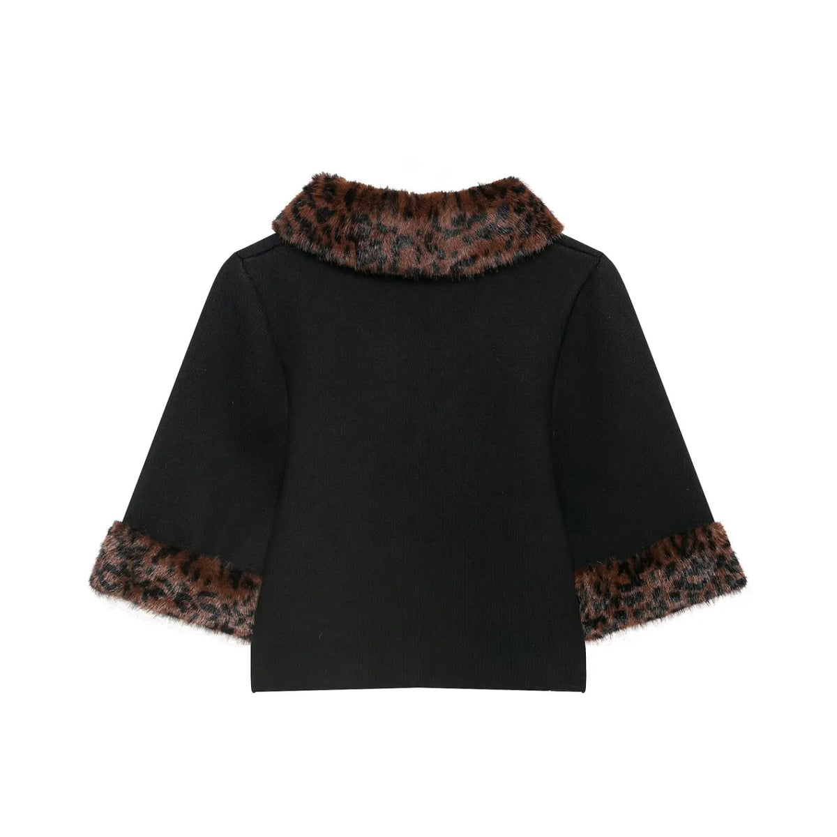 Black leopard fur collar cuff button front cropped cardigan, back flat lay