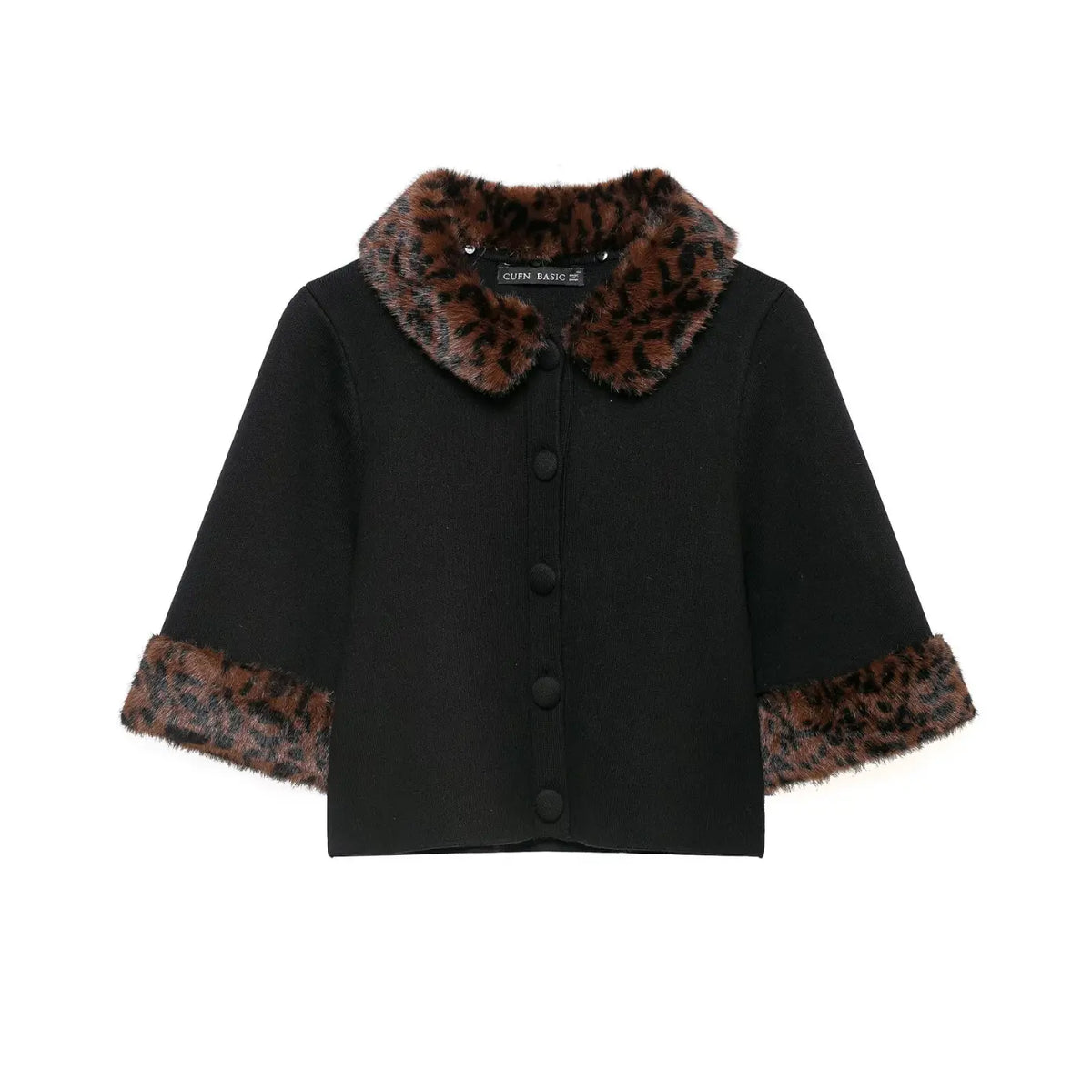 Black leopard fur collar cuff button front cropped cardigan, front flat lay