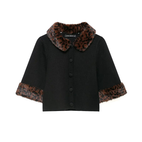 Black leopard fur collar cuff button front cropped cardigan, front flat lay