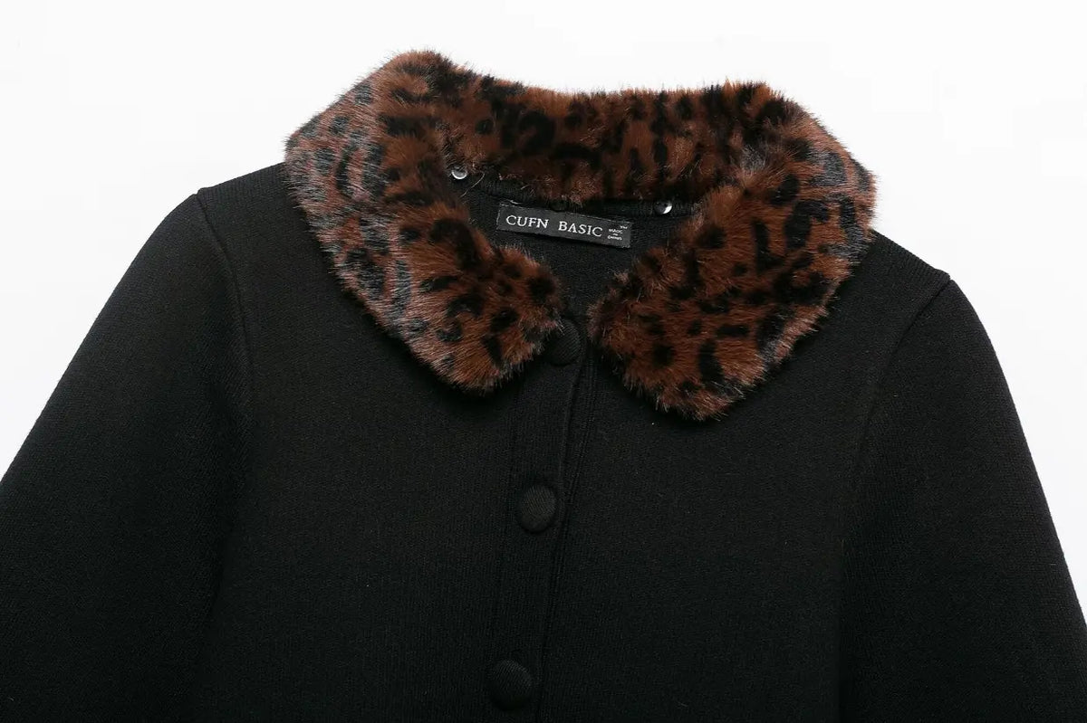 Close-up of leopard fur collar and button placket