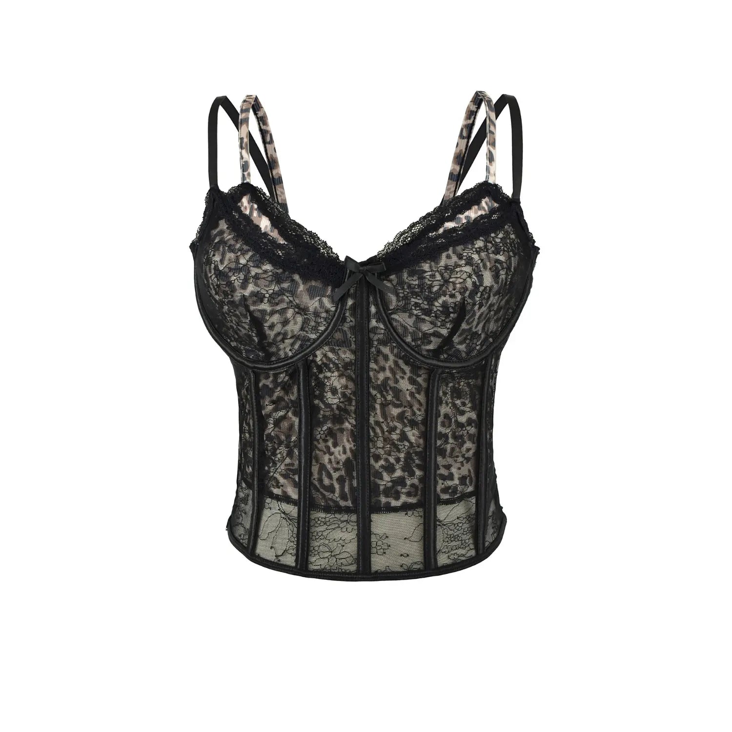 Black leopard lace corset tank full front plain white flat lay, v-neck contrast lace bow multi bone waist cincher cropped shaping camisole main product shot