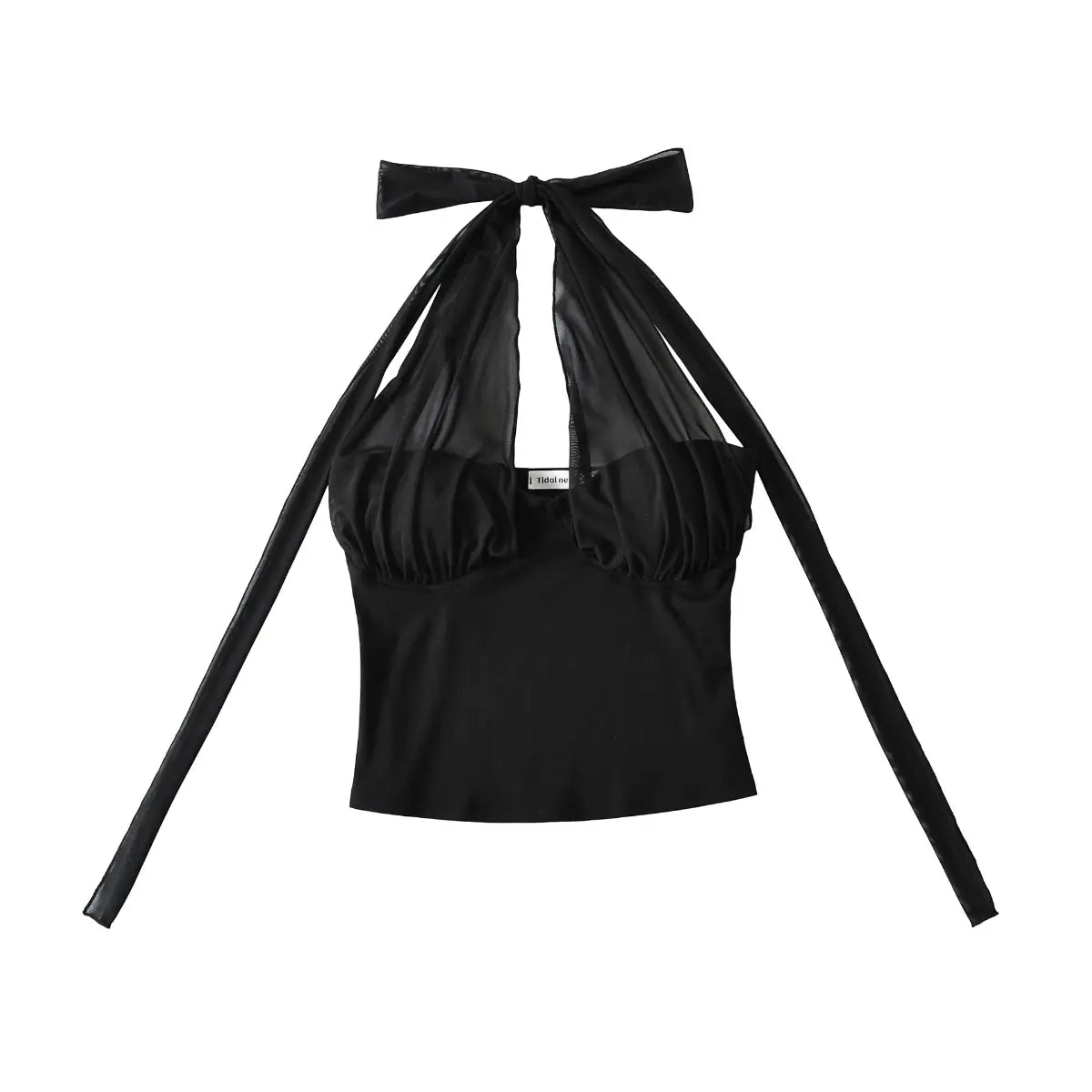 Full front view of the black halter top, featuring a matching sheer mesh bow tie, overlay, and cropped silhouette.