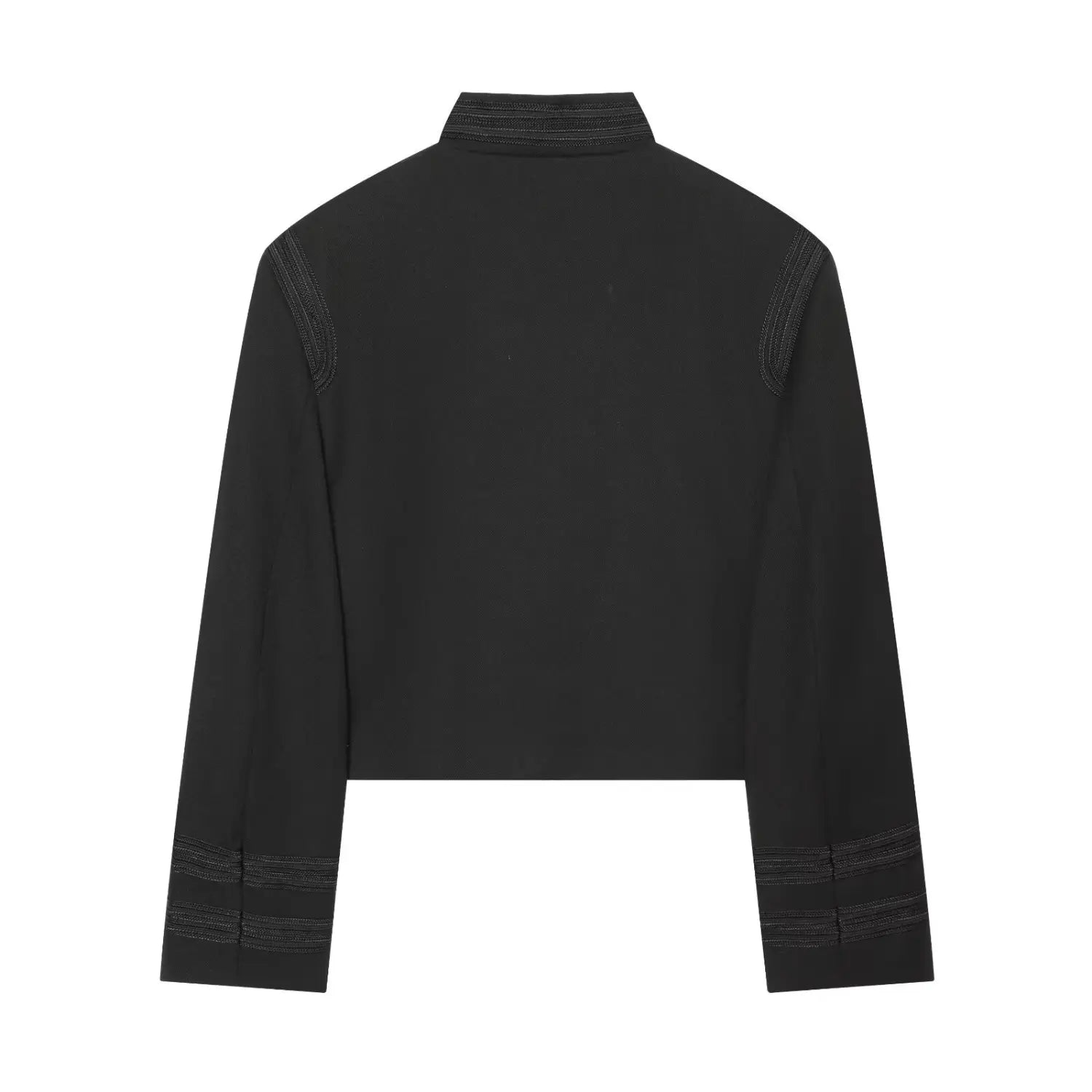 Black military cropped jacket back view, stand collar, embroidered trim detail, long sleeve, isolated white background
