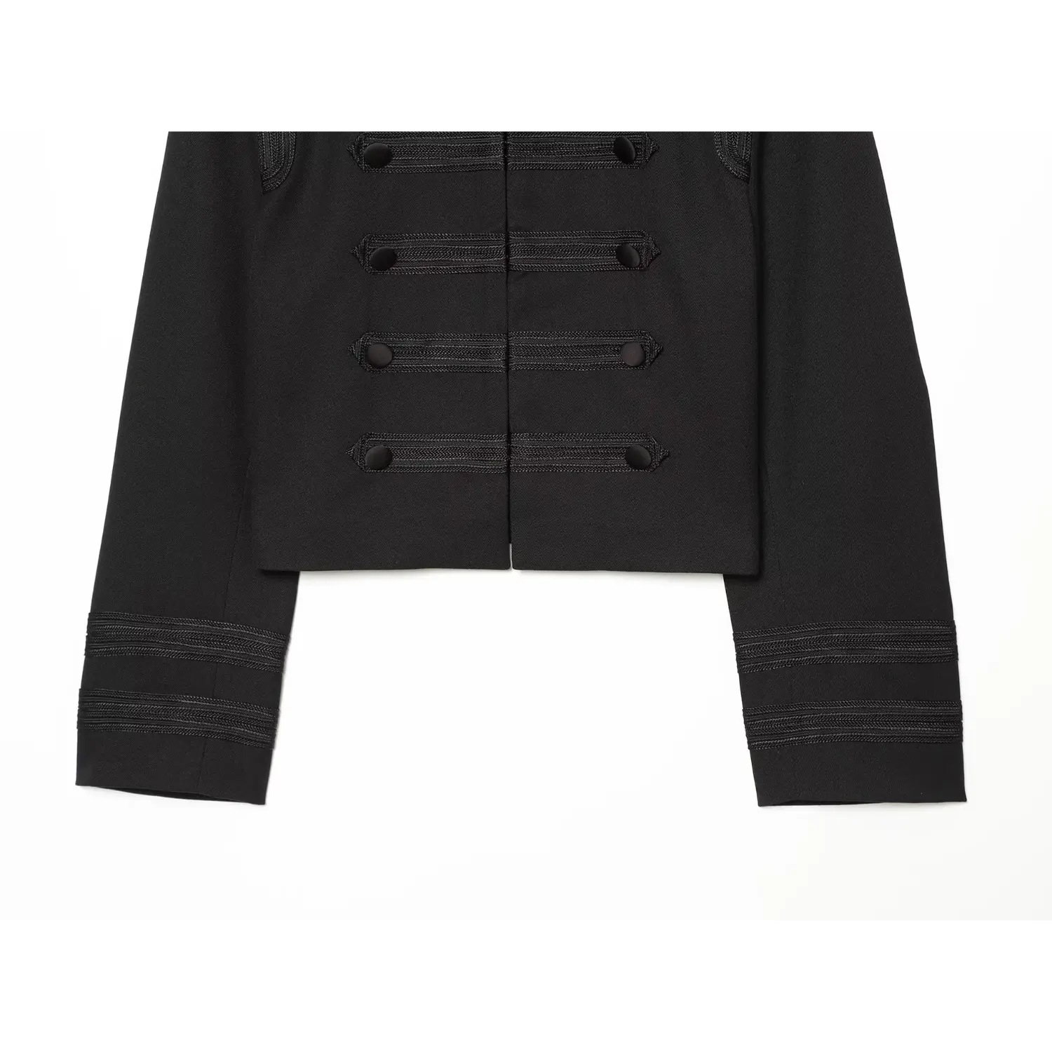 Black military‑style cropped jacket flat lay front view, decorative braided trim, double row buttons, long sleeves with embroidered cuffs, white background