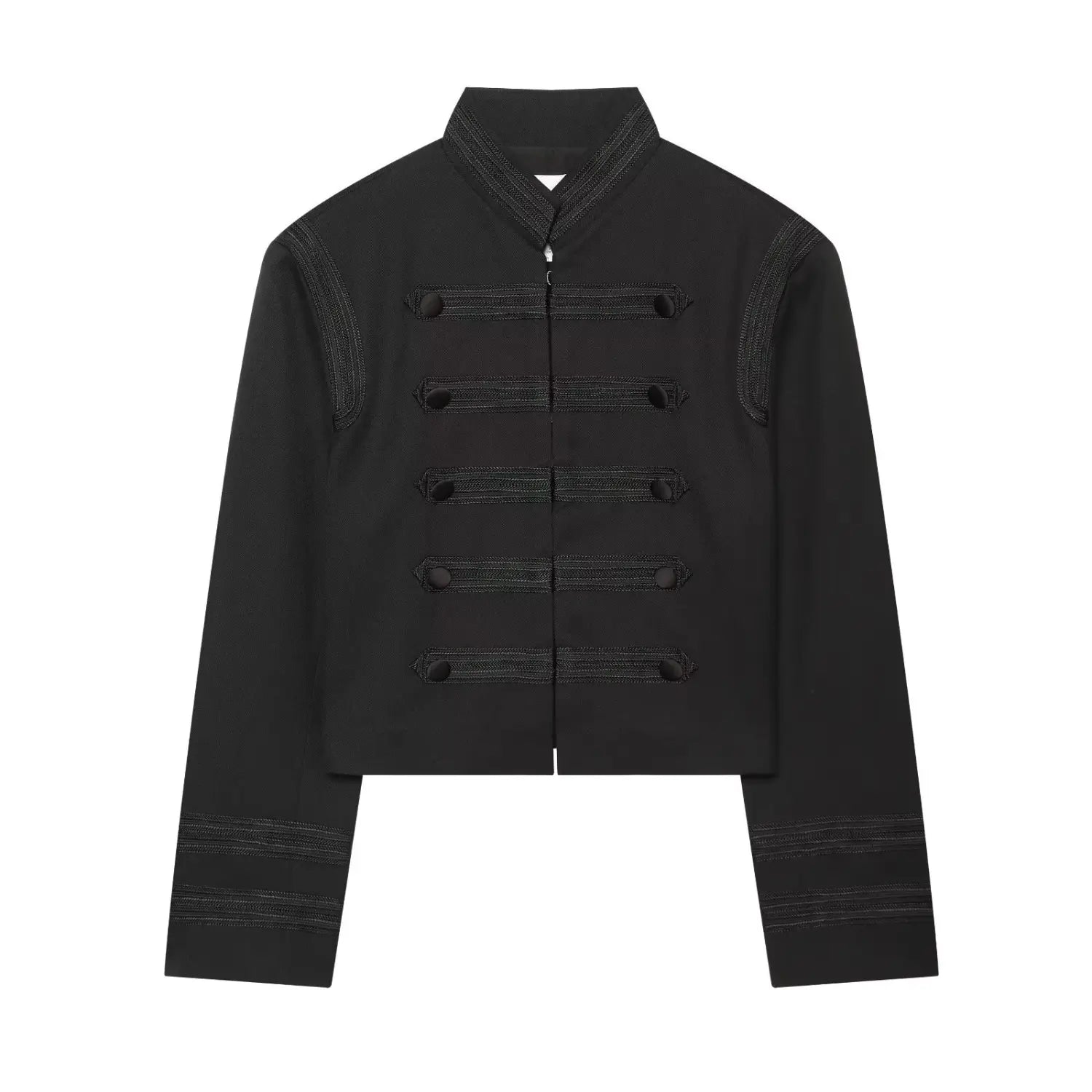 Black military style cropped jacket, stand collar, decorative double row buttons, long sleeve, front view on white background