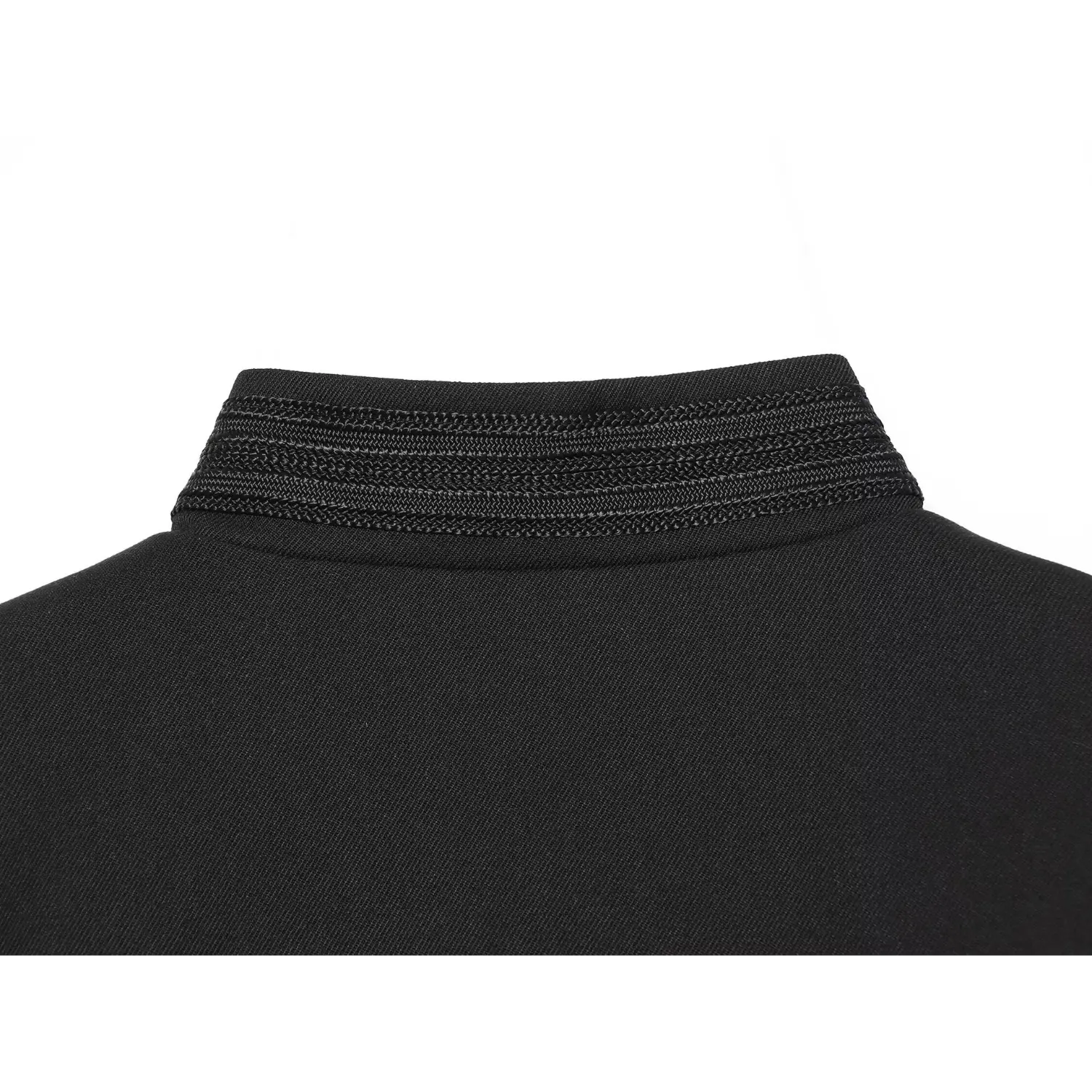 Close‑up of back stand collar with multi‑row braided embroidered trim on black cropped military jacket