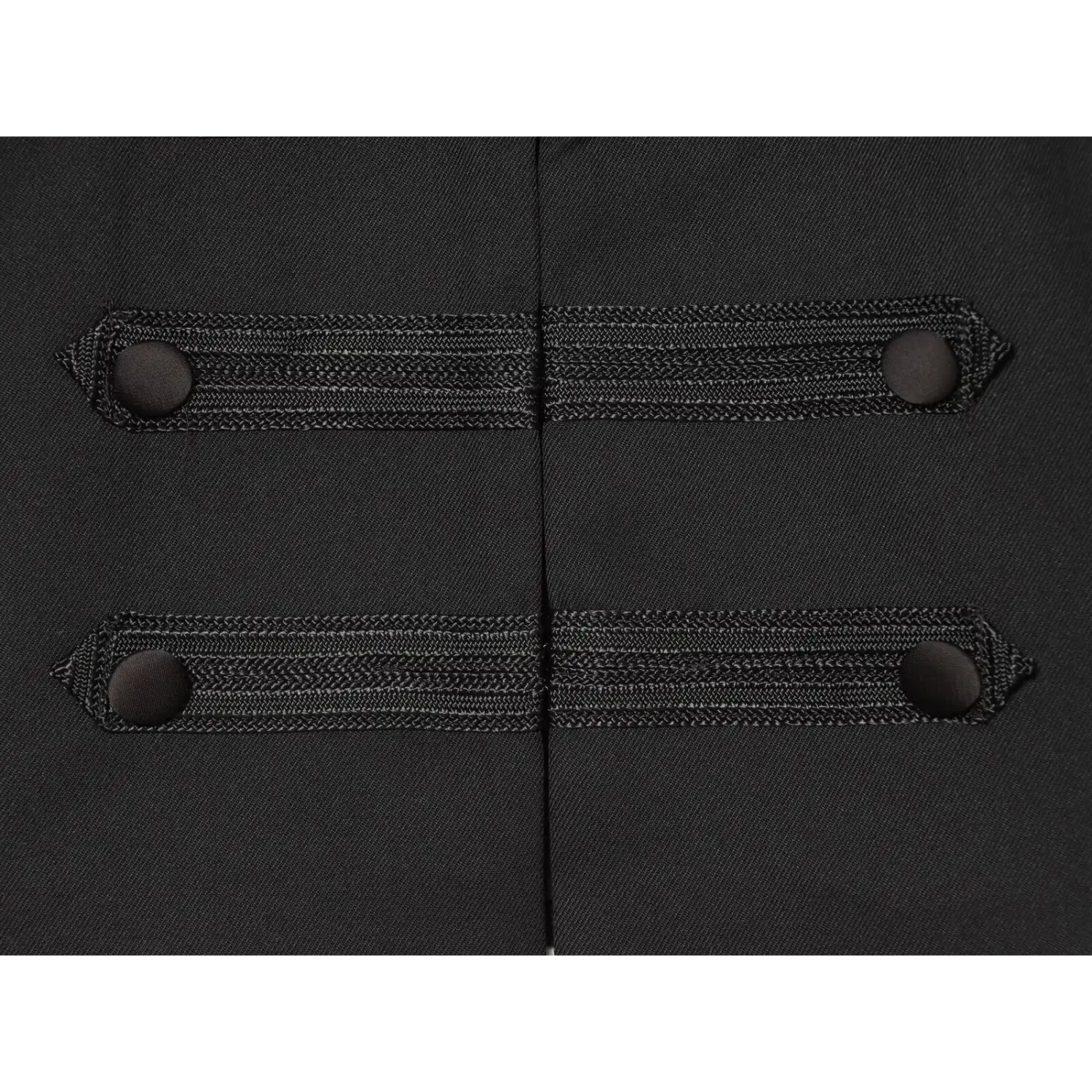 Close‑up of front placket, braided woven tape and fabric covered round buttons on black military jacket