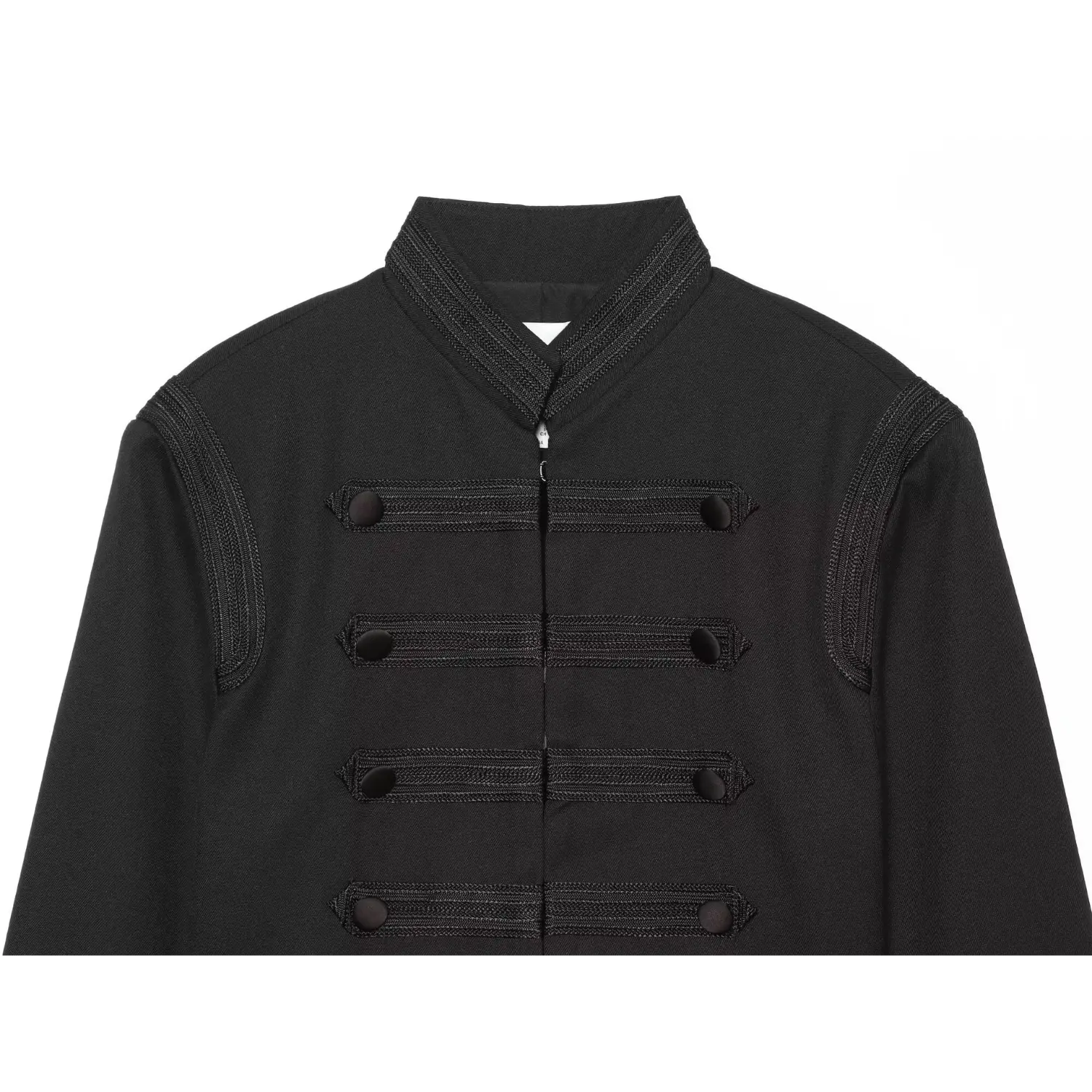 Close‑up of black military cropped jacket chest, stand collar, decorative braided trim and double row fabric covered buttons