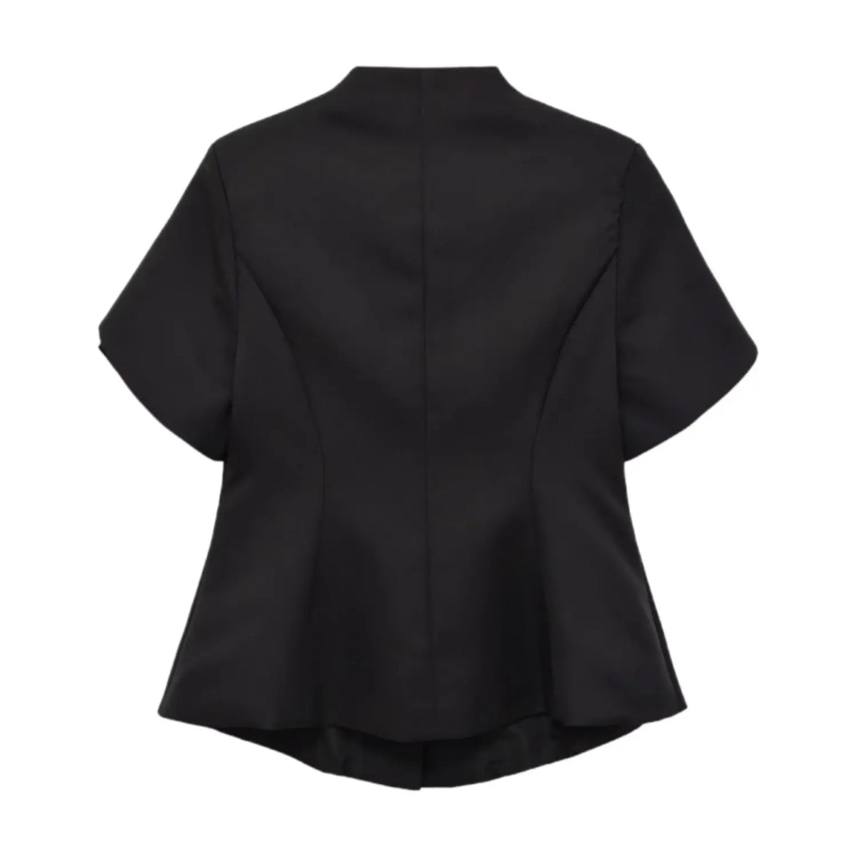 Back view black new chinese short sleeve blouse, fitted waist, peplum hem, clean back seam design
