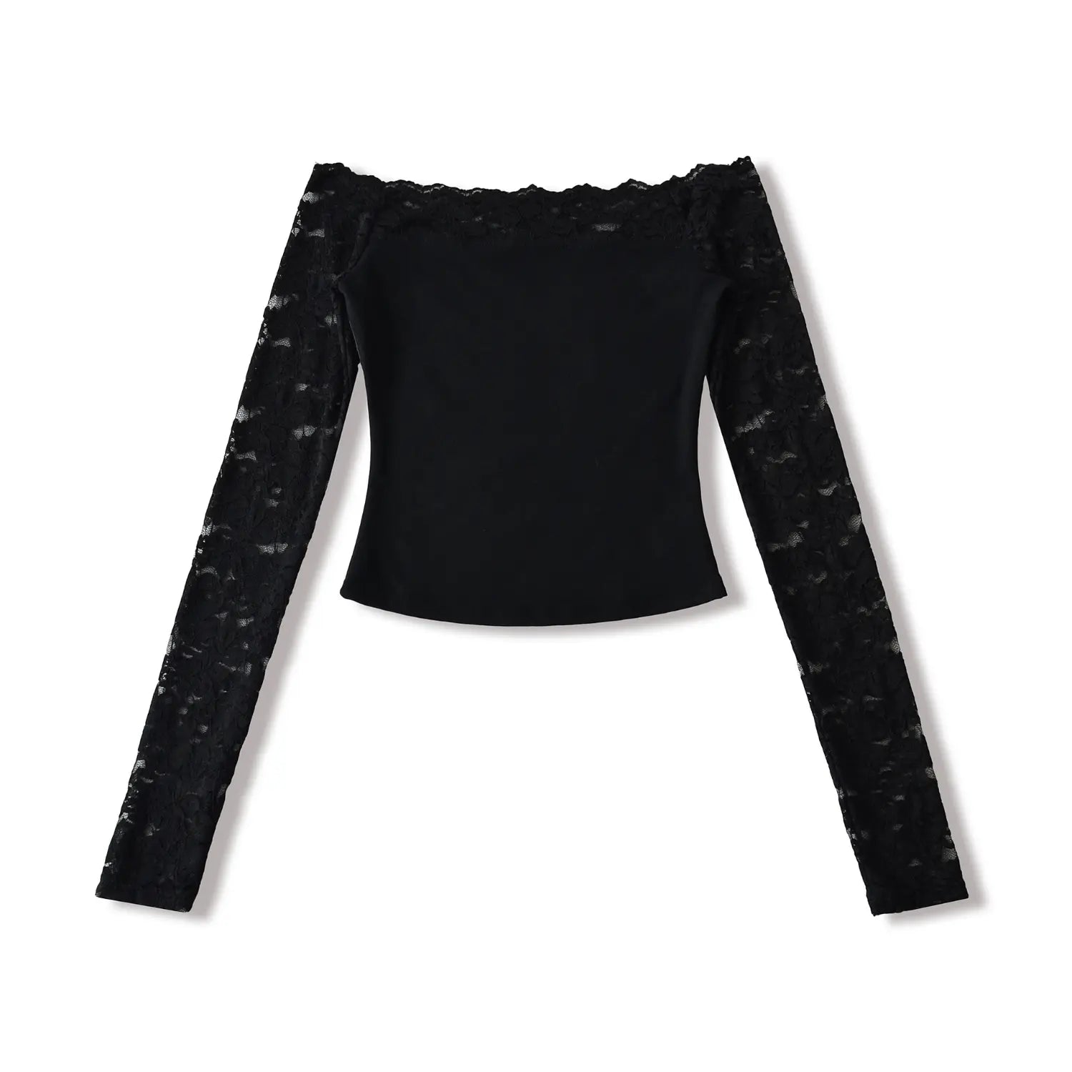 Studio flat lay product shot black off‑shoulder cropped top with sheer floral lace long sleeves