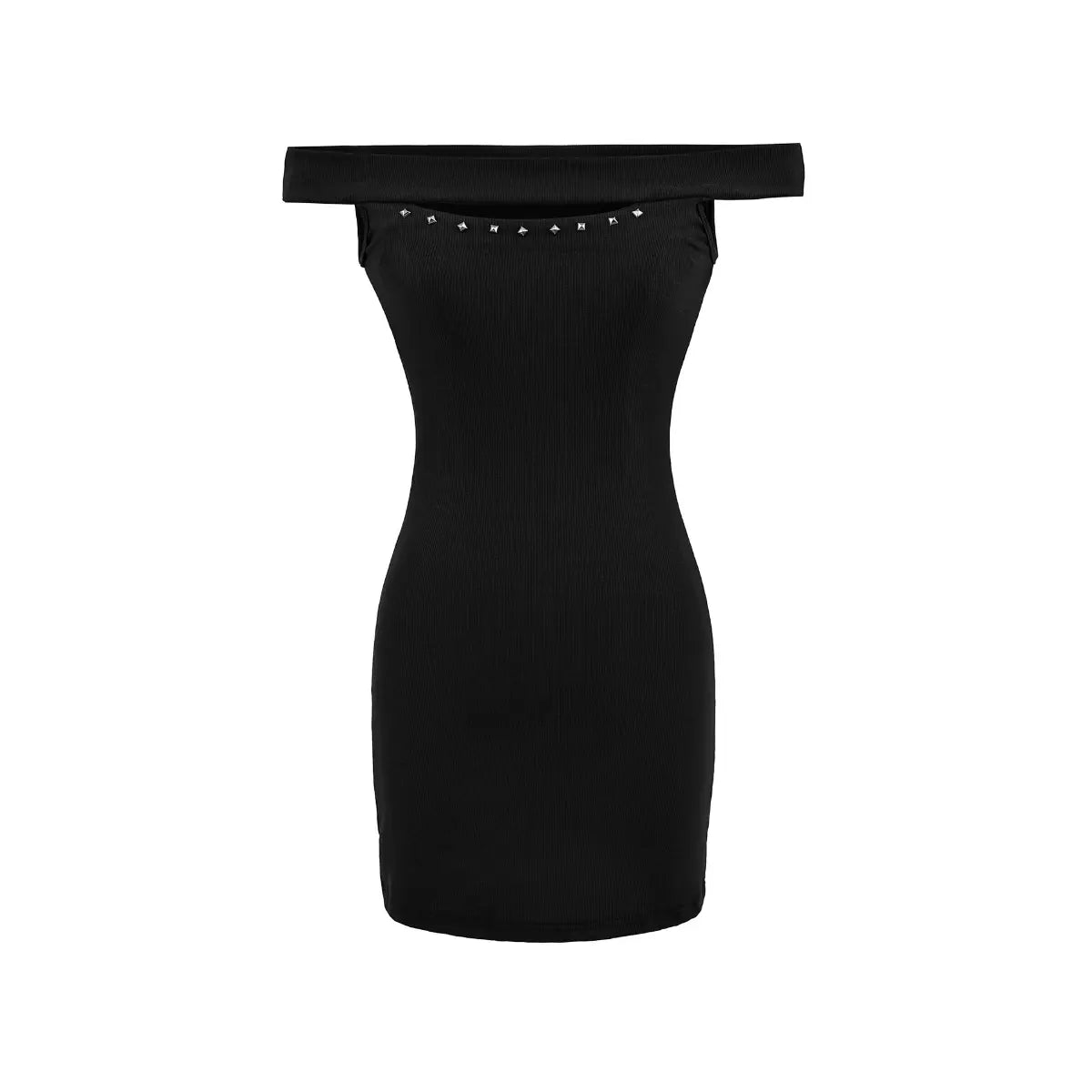 Studio product shot of a black ribbed off-shoulder mini dress with stud details, showing the full silhouette.