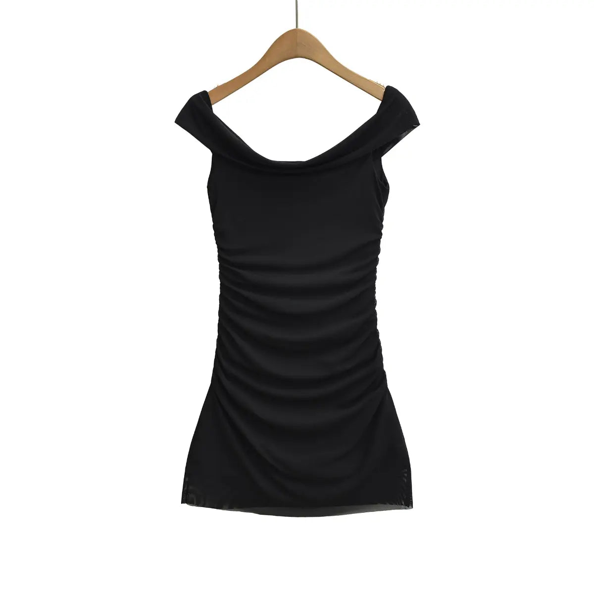 Full back view of the black mesh off-the-shoulder dress on a wooden hanger, showing draped neckline