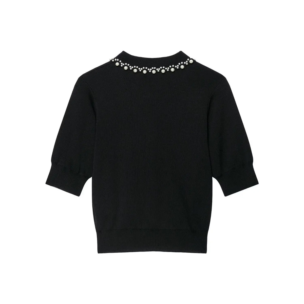 Back flat lay of black pearl collar knit top