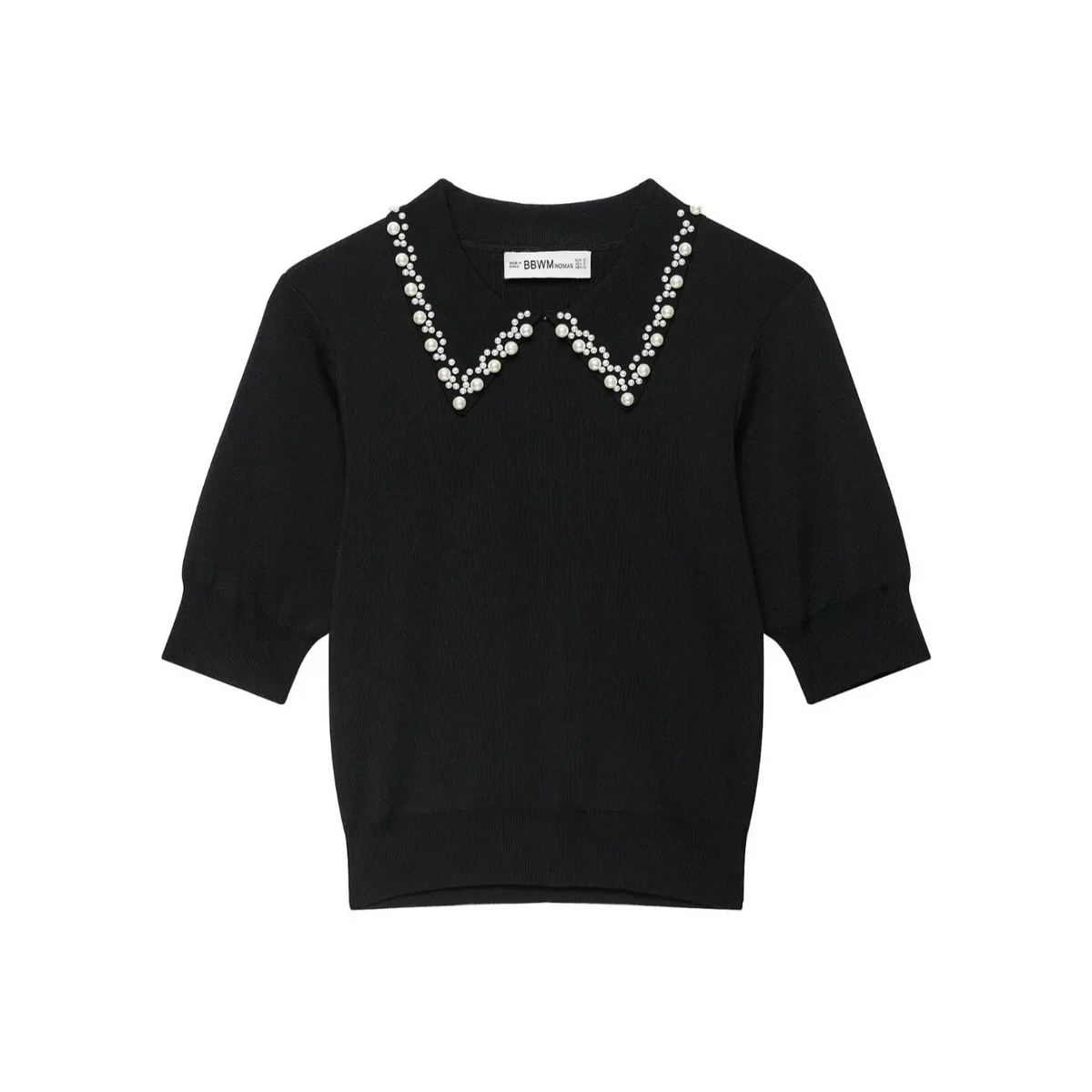 Front flat lay of black pearl collar knit top