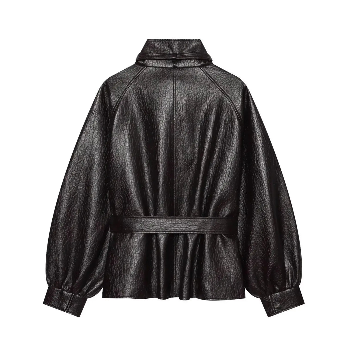 Back view of black pebbled leather look jacket with belted waist and balloon sleeves