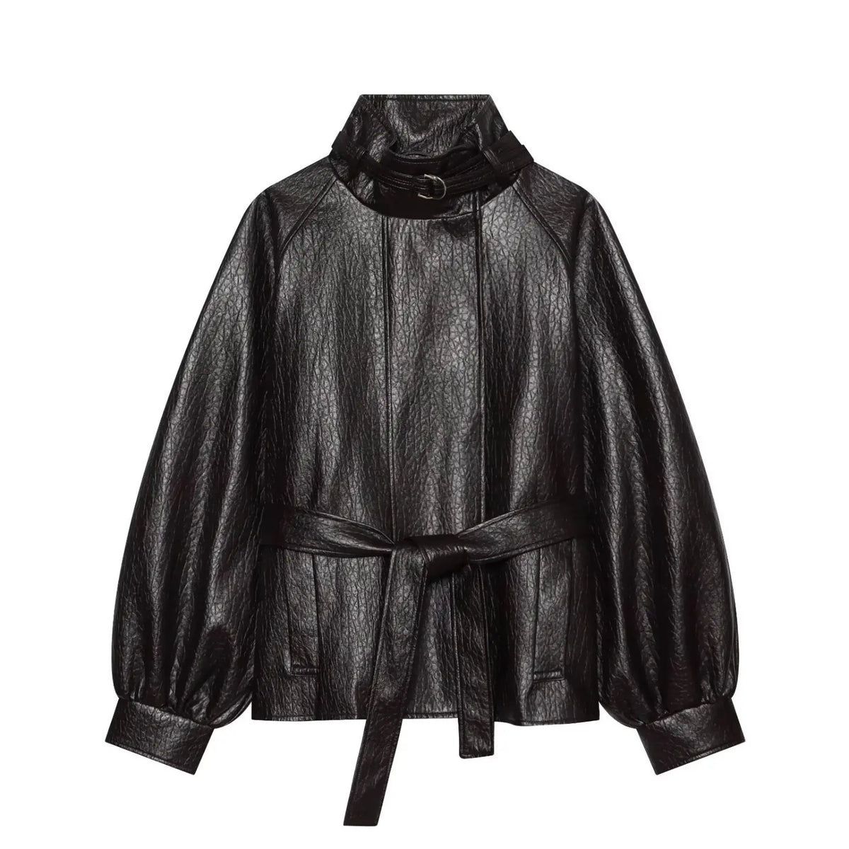 Front view of black pebbled leather look jacket with self tie belt on white background