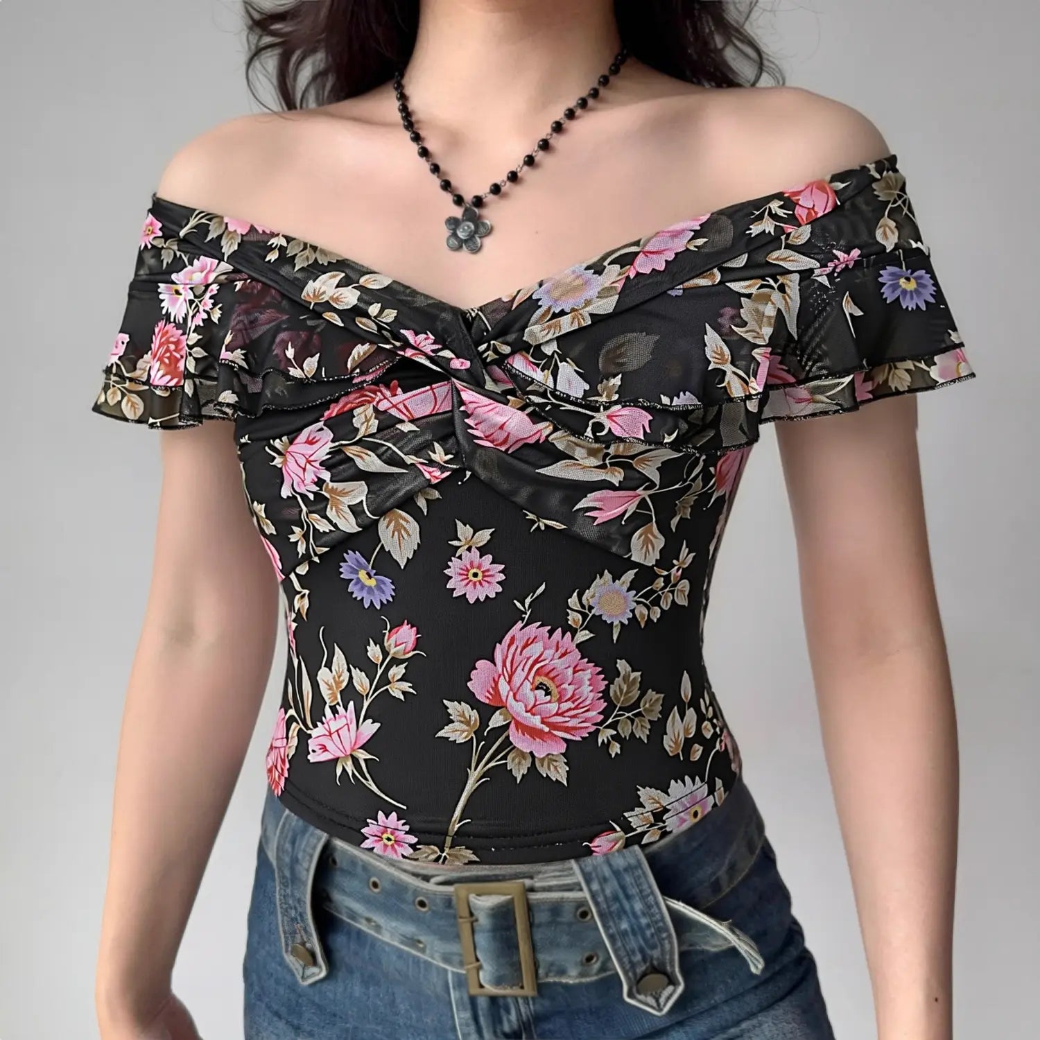 Black peony floral mesh off shoulder top half body indoor model shot, dark whitening stretch mesh ruffle off-shoulder twist waist hot girl retro outfit reference