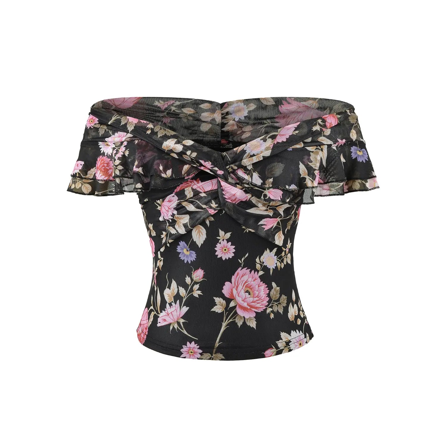 Black peony floral mesh off shoulder top front plain white flat lay, off-shoulder double ruffle sleeve front cross twist ruched waist slim cropped y2k feminine top main product shot