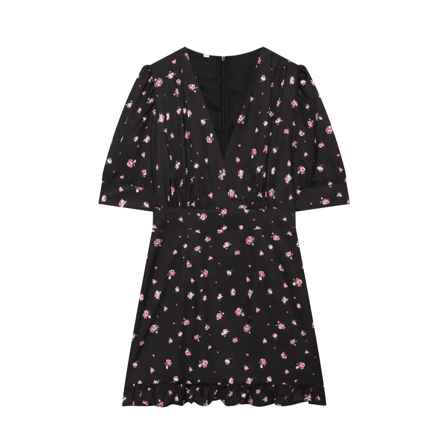 Front flat lay white background, black base pink ditsy floral V-neck mini dress with puff elbow sleeves and ruffle hem