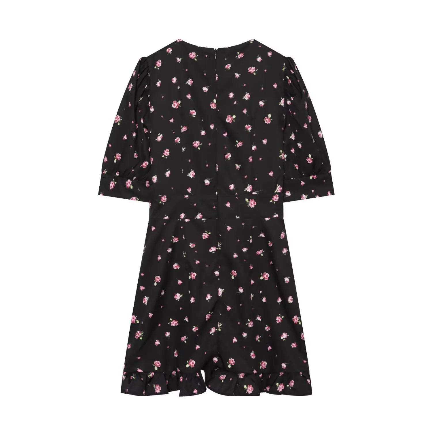 Back flat lay isolated white background, black pink small rose print short dress with back zipper