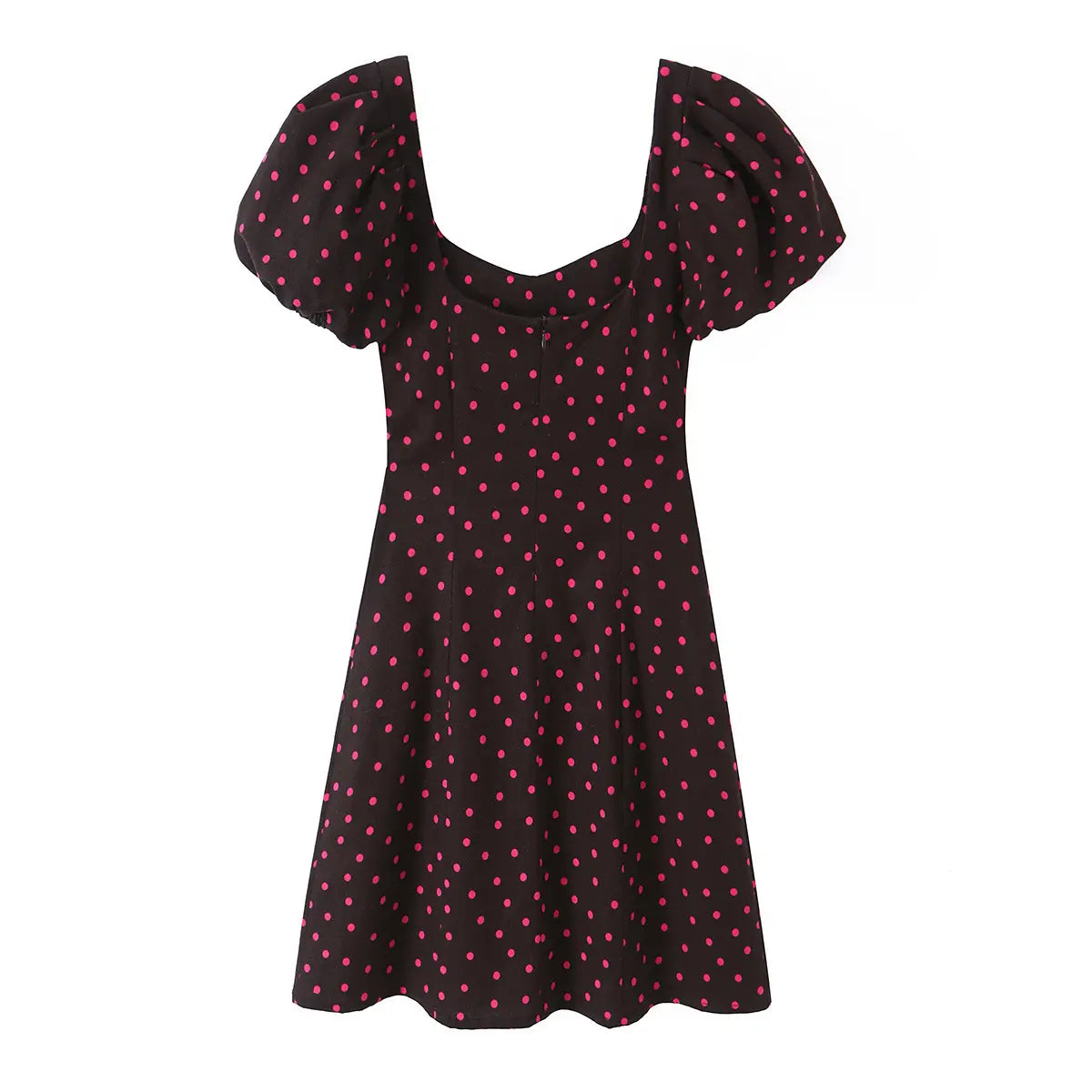 Back view of a black dress with pink polka dots, puff sleeves, and a square neckline.
