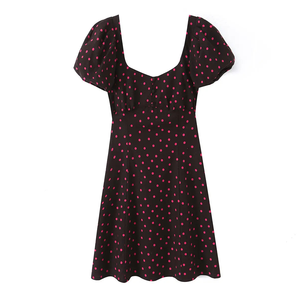 Front view of the dress, featuring a sweetheart neckline, center button detail, and fitted bodice that flares into an A-line skirt.