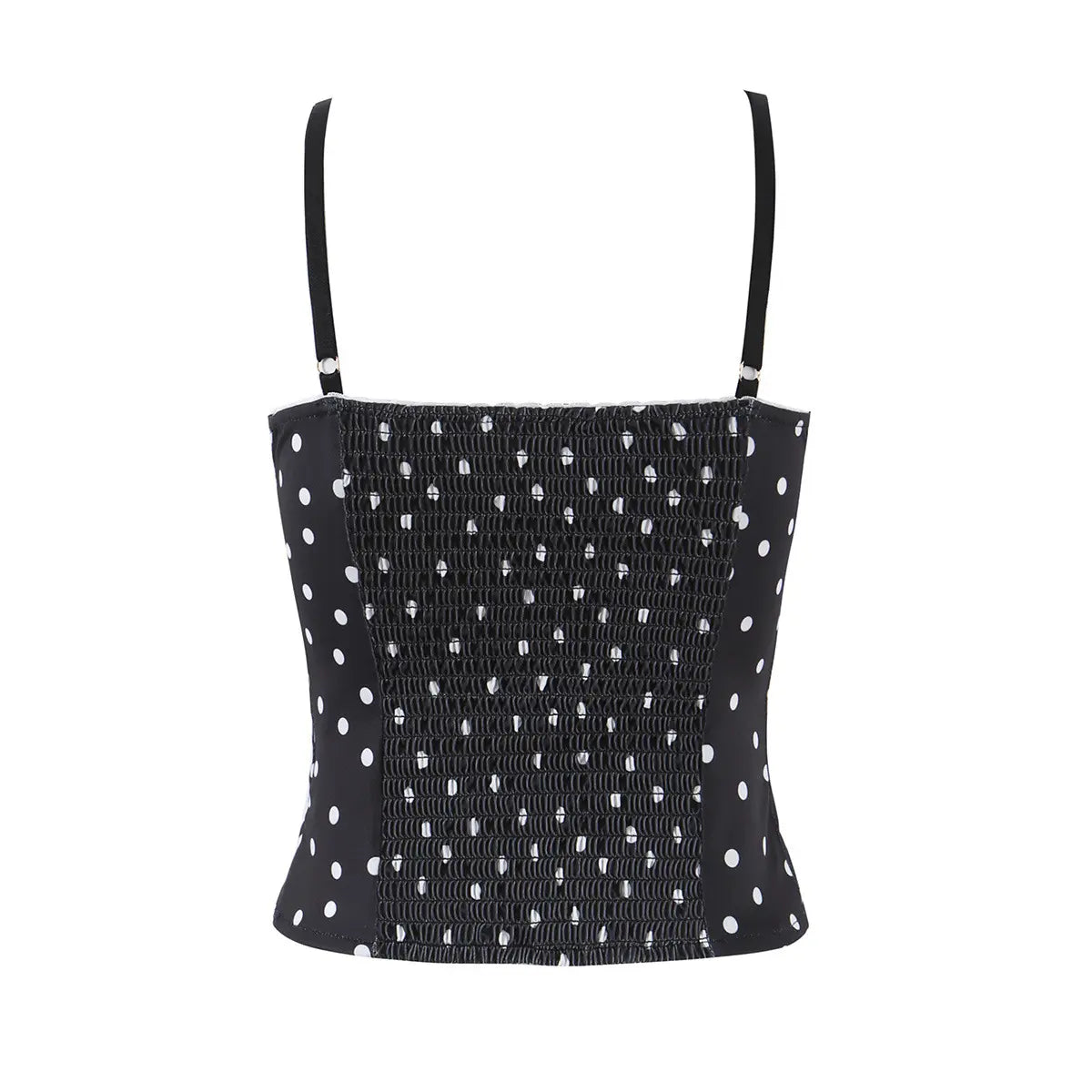 Black polka dot cami top, full back view on white background