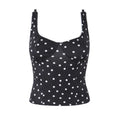 Black polka dot cami top with sweetheart neckline, full front view on white background