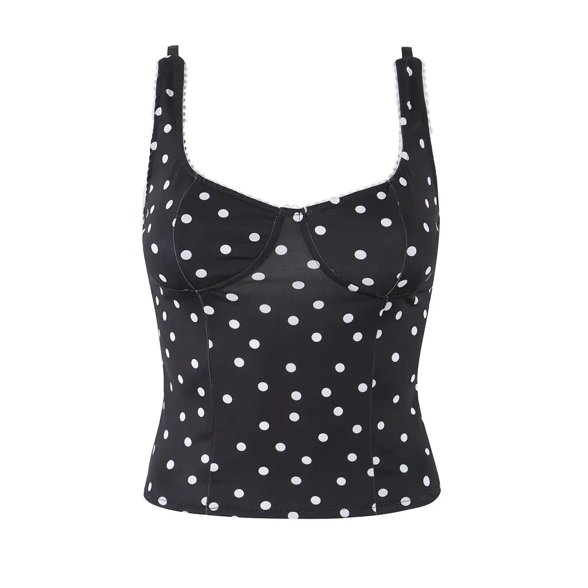 Black polka dot cami top with sweetheart neckline, full front view on white background