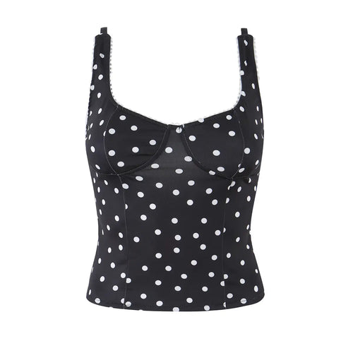 Black polka dot cami top with sweetheart neckline, full front view on white background