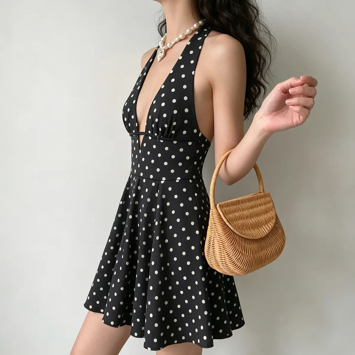 Side view of model in black polka dot halter dress, highlighting the open back, fitted waist and flared silhouette.