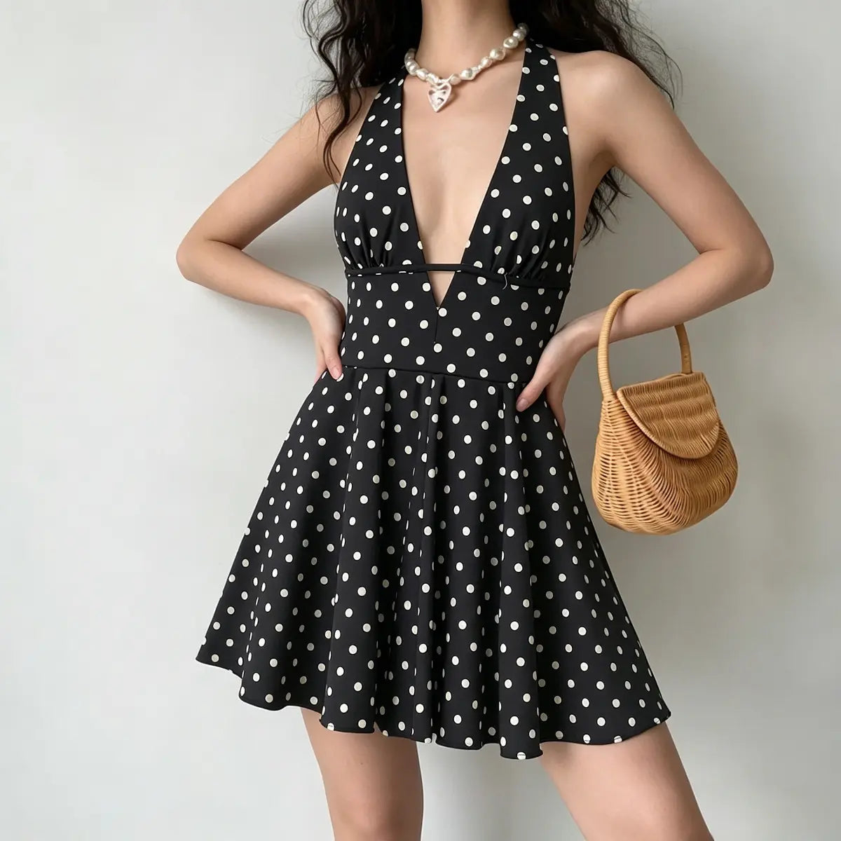 Model in black polka dot halter dress with hands on hips, carrying a rattan handbag, showcasing the fitted waist.