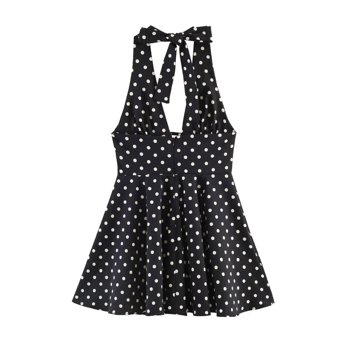 Full back view of black polka dot halter dress, showing fitted waist and flared skirt silhouette.