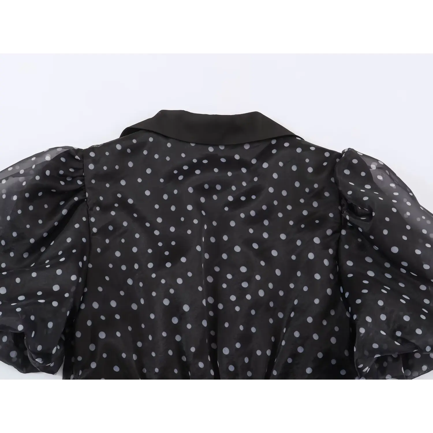 Flat‑lay back view, puff short sleeves and all‑over polka dot print of black maxi dress