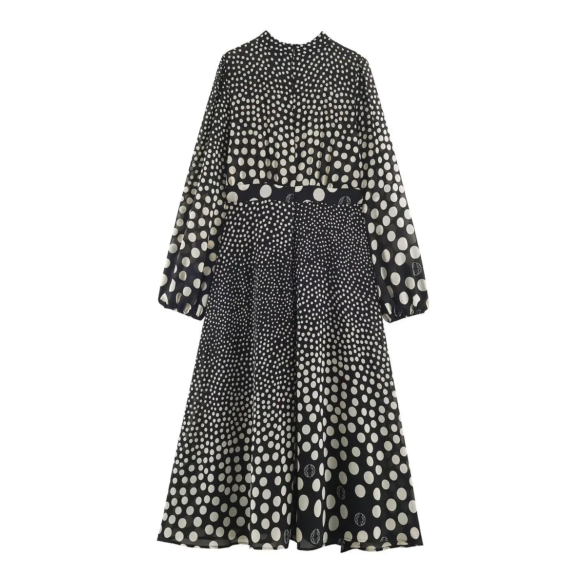 Back full view of black polka dot maxi dress, back zipper, loose waist, long flowy skirt