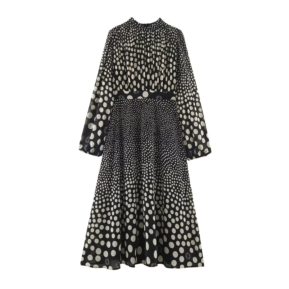 Front full view of black polka dot maxi dress, high neck, long balloon sleeves, flowy ankle-length skirt