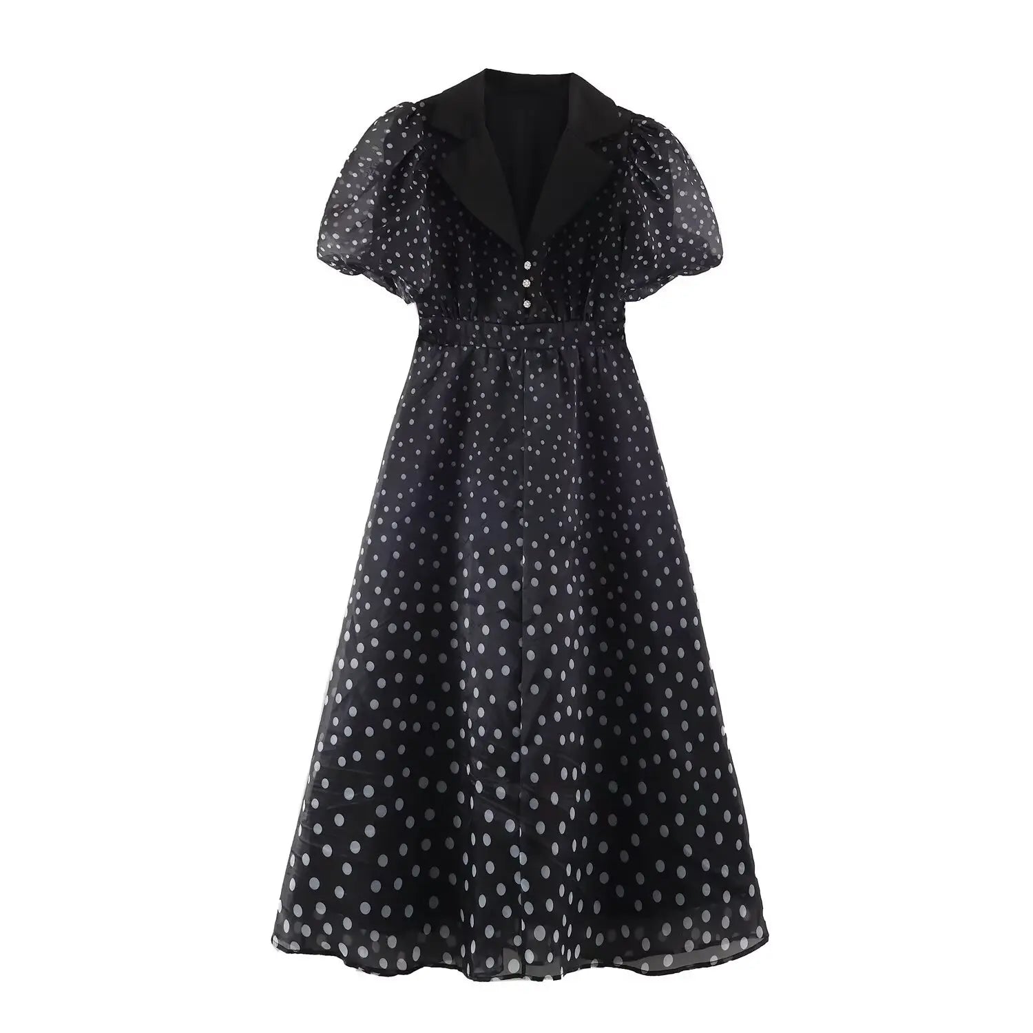 Front view black polka dot maxi dress, lapel collar, puff short sleeves, decorative pearl buttons, waist fitted long maxi skirt