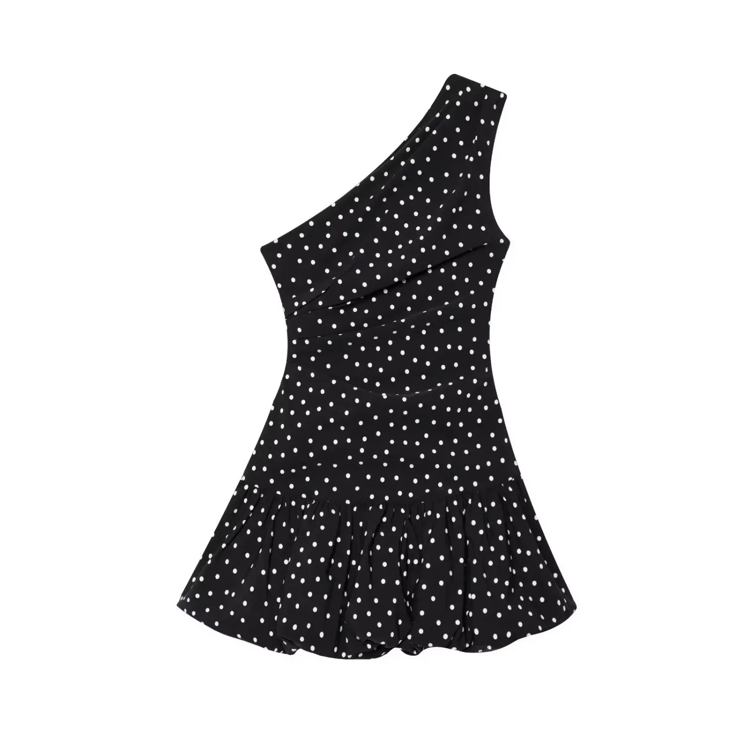 Flat lay back view black one shoulder short dress white polka dot pattern fitted waist